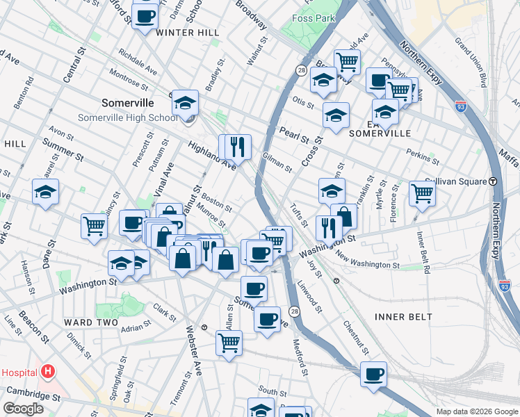 map of restaurants, bars, coffee shops, grocery stores, and more near in Somerville