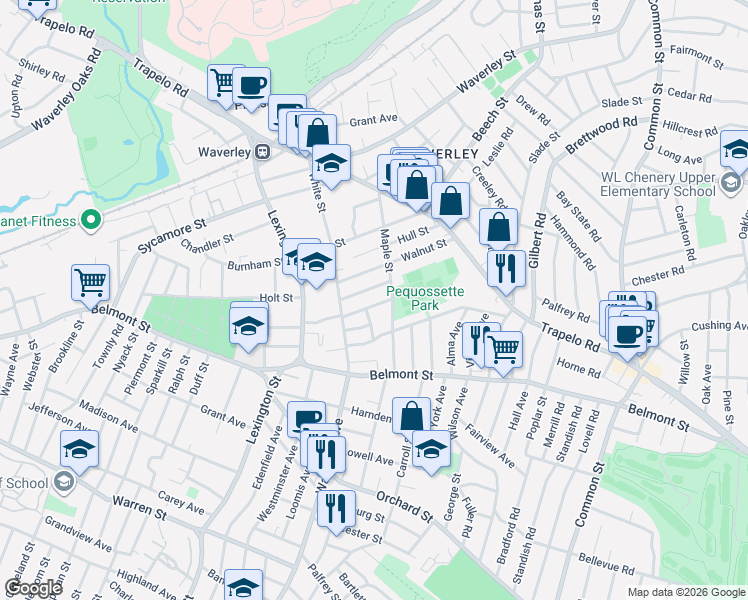 map of restaurants, bars, coffee shops, grocery stores, and more near 47 Chestnut Street in Belmont