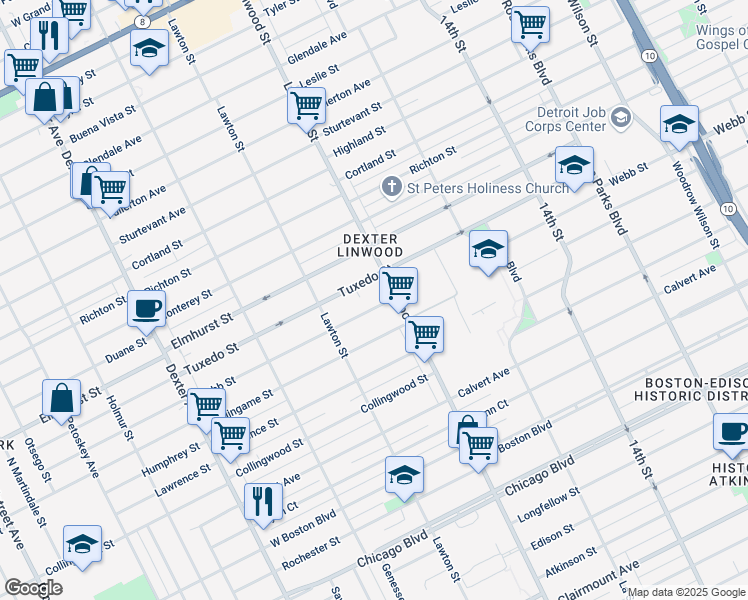 map of restaurants, bars, coffee shops, grocery stores, and more near 2642 Webb Street in Detroit