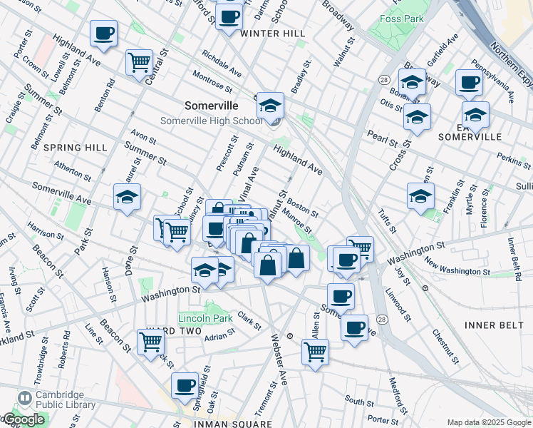 map of restaurants, bars, coffee shops, grocery stores, and more near 33 Walnut Street in Somerville