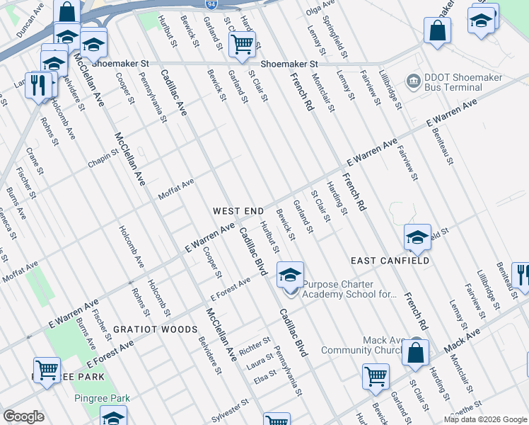 map of restaurants, bars, coffee shops, grocery stores, and more near 4900 Hurlbut Street in Detroit