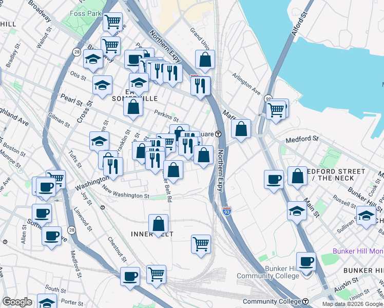 map of restaurants, bars, coffee shops, grocery stores, and more near 32 Parker Street in Boston