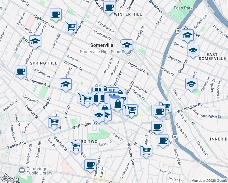 map of restaurants, bars, coffee shops, grocery stores, and more near 20 Summer Street in Somerville