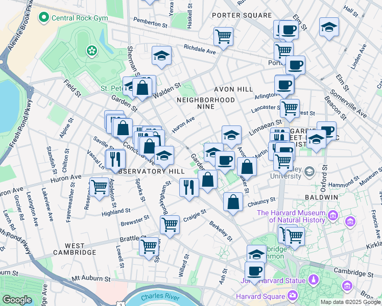 map of restaurants, bars, coffee shops, grocery stores, and more near 88 Garden Street in Cambridge