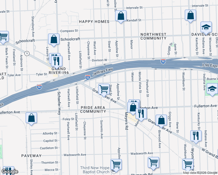 map of restaurants, bars, coffee shops, grocery stores, and more near 12858 Steel Street in Detroit