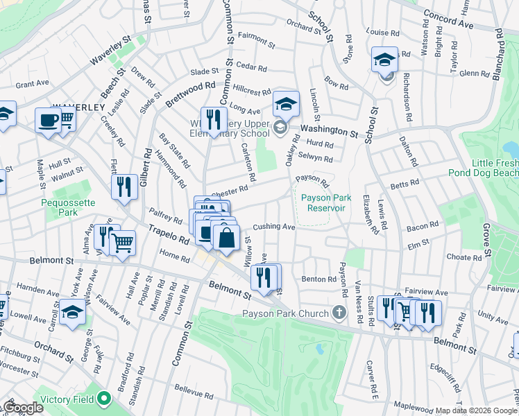 map of restaurants, bars, coffee shops, grocery stores, and more near 67 Payson Road in Belmont