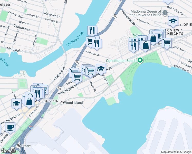 map of restaurants, bars, coffee shops, grocery stores, and more near 55 Moore Street in Boston