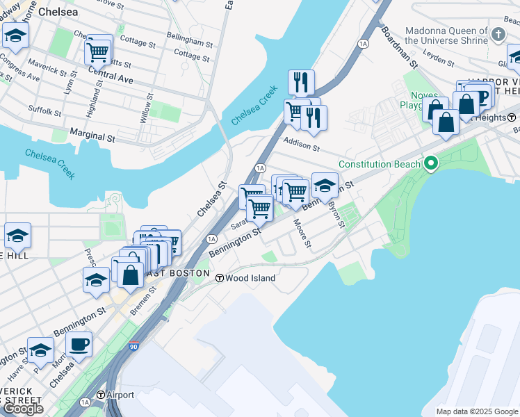 map of restaurants, bars, coffee shops, grocery stores, and more near 665 Saratoga Street in Boston
