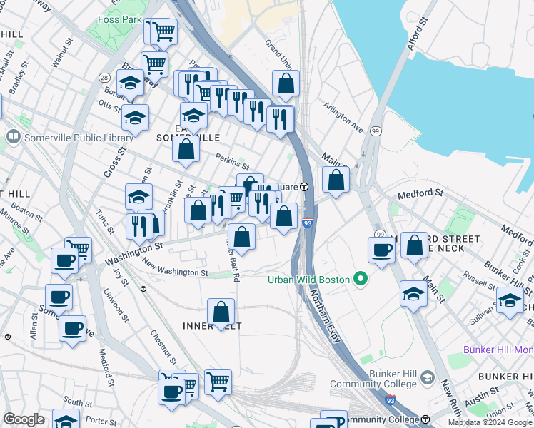 map of restaurants, bars, coffee shops, grocery stores, and more near 99-103 Cambridge Street in Boston