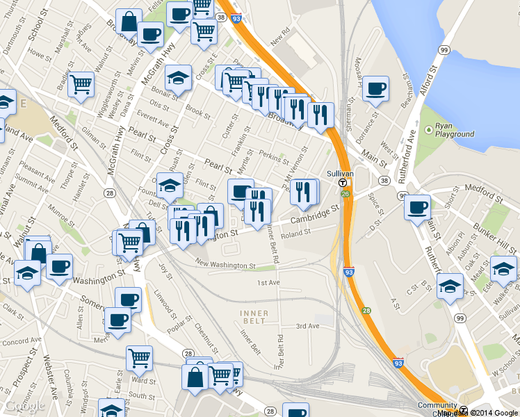 map of restaurants, bars, coffee shops, grocery stores, and more near 89 Mount Vernon Street in Somerville
