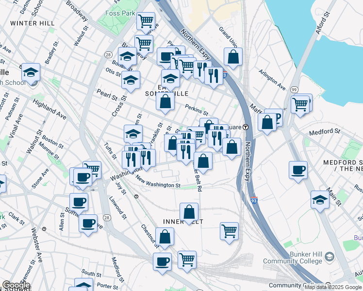 map of restaurants, bars, coffee shops, grocery stores, and more near 89 Mount Vernon Street in Somerville