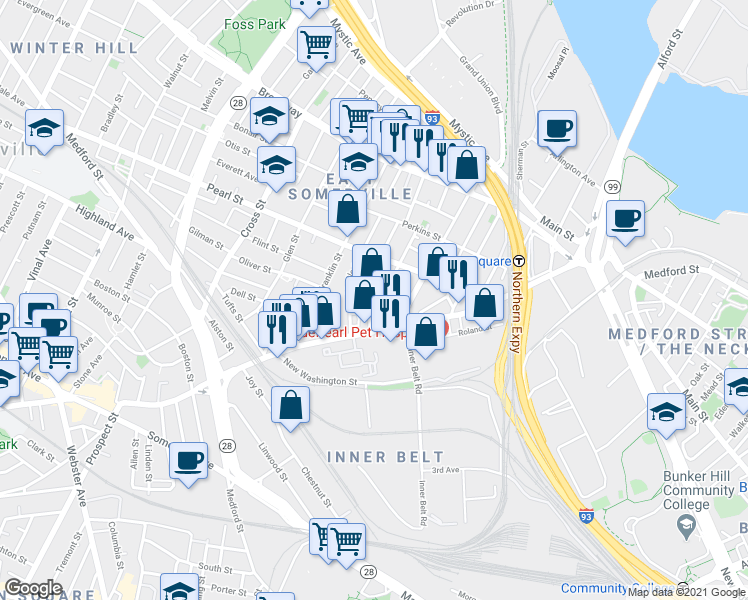 map of restaurants, bars, coffee shops, grocery stores, and more near 16 Florence Street in Somerville