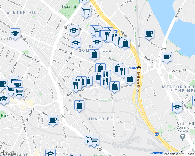 map of restaurants, bars, coffee shops, grocery stores, and more near 16 Florence Street in Somerville