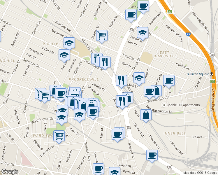 map of restaurants, bars, coffee shops, grocery stores, and more near 53 Boston Street in Somerville