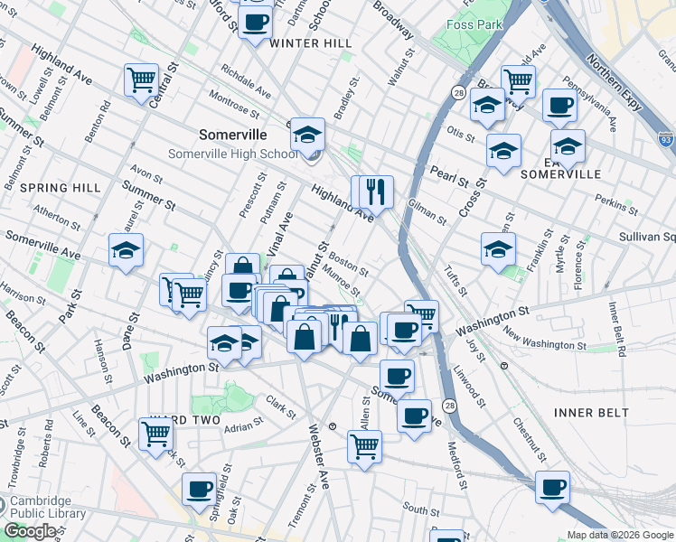 map of restaurants, bars, coffee shops, grocery stores, and more near 75 Munroe Street in Somerville
