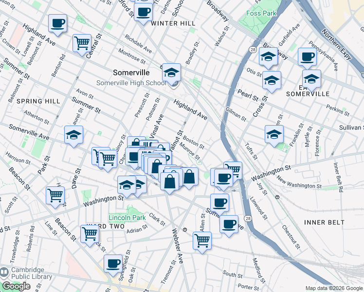 map of restaurants, bars, coffee shops, grocery stores, and more near 33 Walnut Street in Somerville