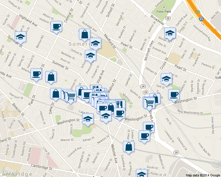 map of restaurants, bars, coffee shops, grocery stores, and more near 33 Walnut Street in Somerville