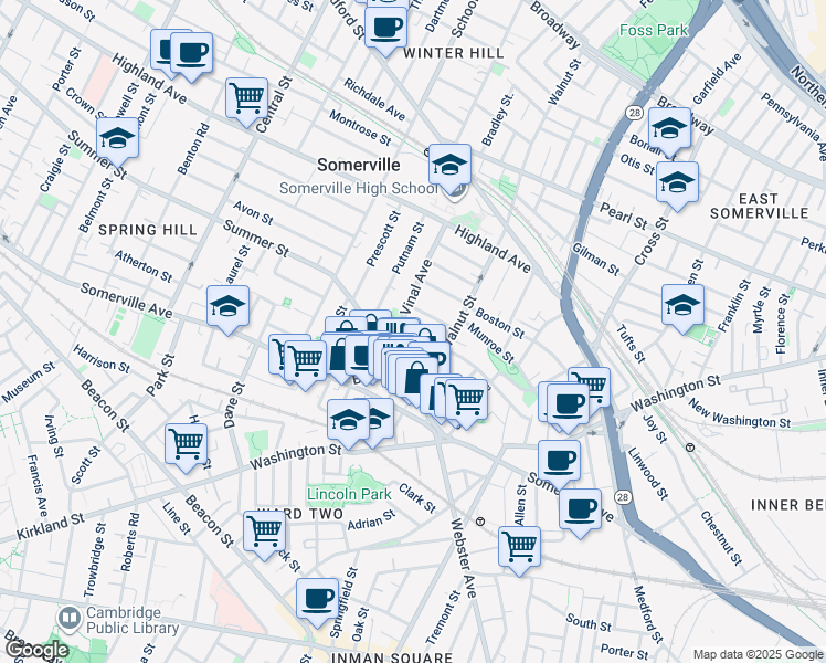 map of restaurants, bars, coffee shops, grocery stores, and more near 16 Hillside Park in Somerville