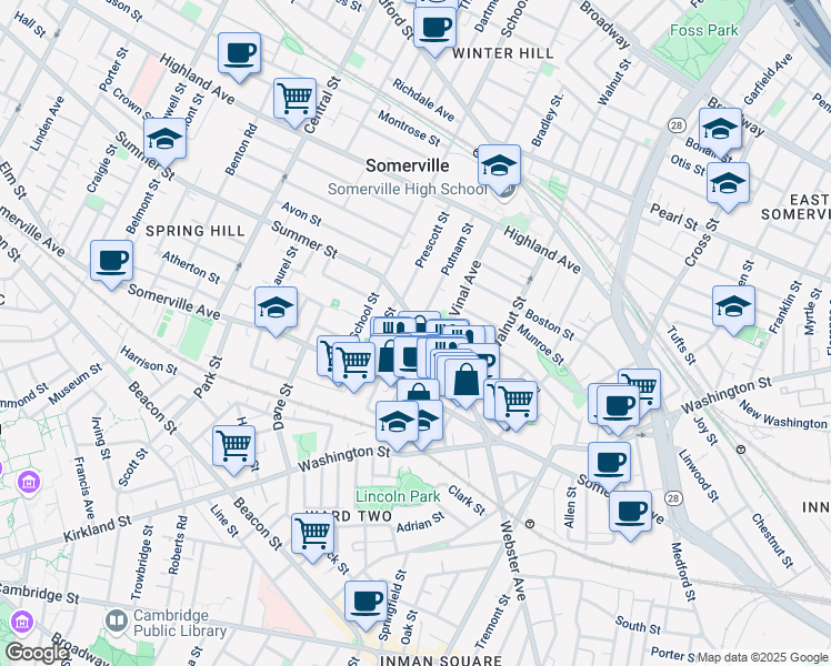 map of restaurants, bars, coffee shops, grocery stores, and more near 20 Summer Street in Somerville