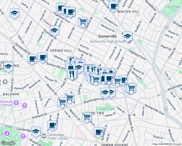 map of restaurants, bars, coffee shops, grocery stores, and more near 460 Somerville Avenue in Somerville