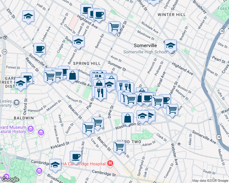 map of restaurants, bars, coffee shops, grocery stores, and more near 480 Somerville Avenue in Somerville