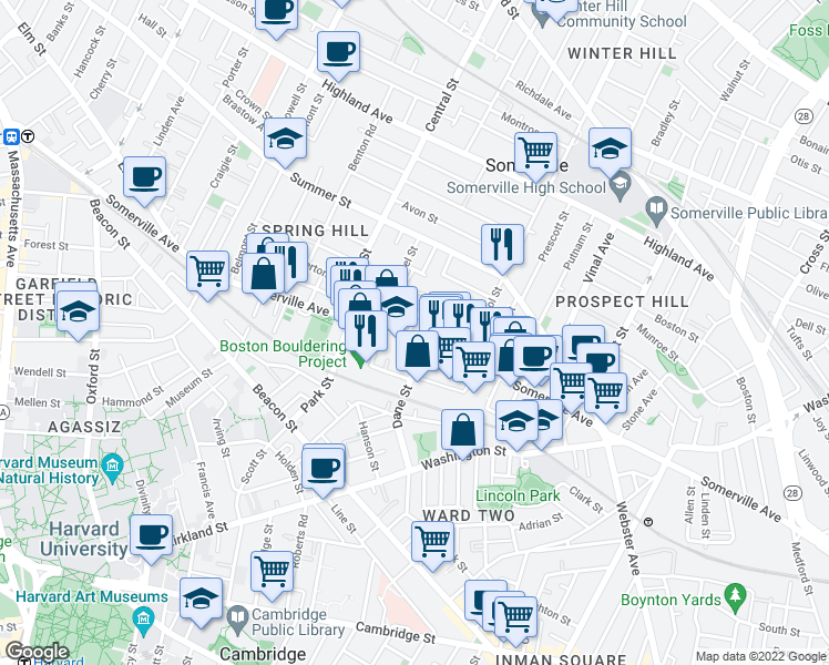 map of restaurants, bars, coffee shops, grocery stores, and more near 480 Somerville Avenue in Somerville
