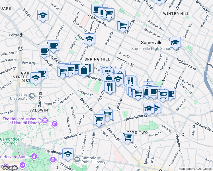map of restaurants, bars, coffee shops, grocery stores, and more near 30 Park Street in Somerville