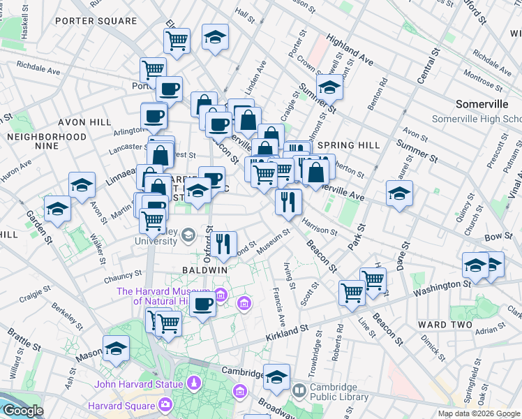 map of restaurants, bars, coffee shops, grocery stores, and more near 66 Sacramento Street in Cambridge