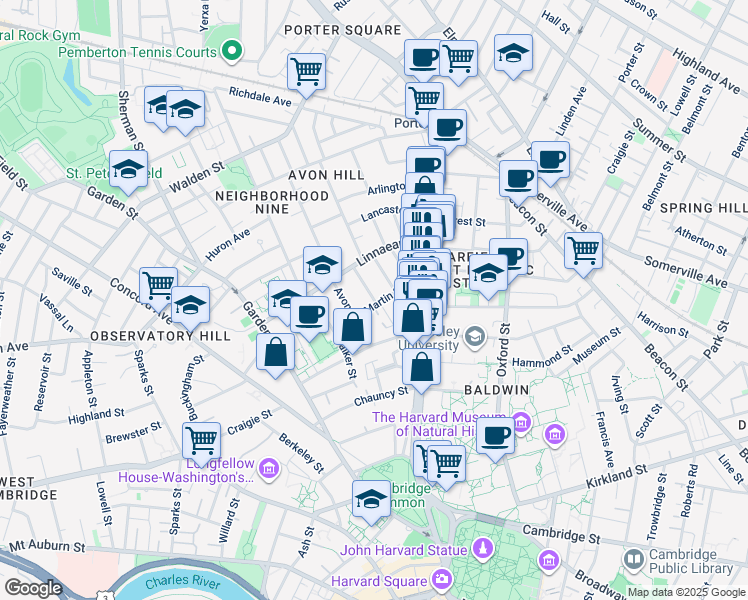map of restaurants, bars, coffee shops, grocery stores, and more near in Cambridge