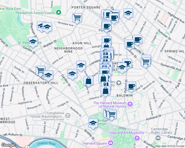 map of restaurants, bars, coffee shops, grocery stores, and more near in Cambridge