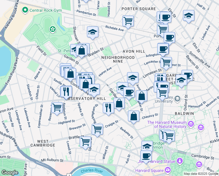 map of restaurants, bars, coffee shops, grocery stores, and more near 42 Fernald Drive in Cambridge
