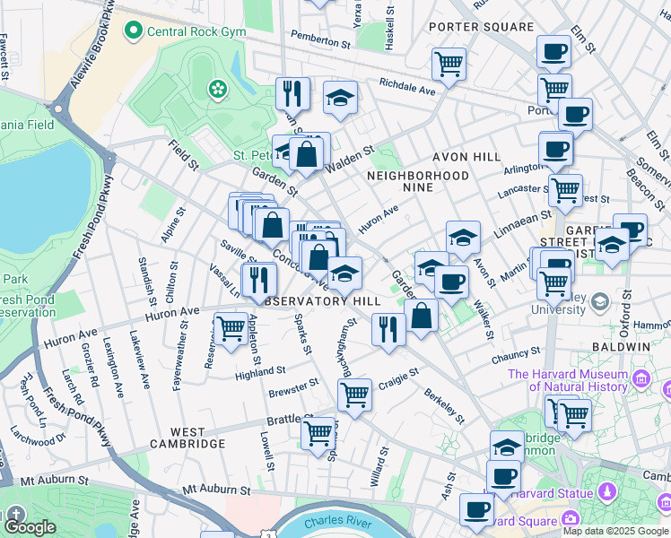 map of restaurants, bars, coffee shops, grocery stores, and more near 138-140 Huron Avenue in Cambridge