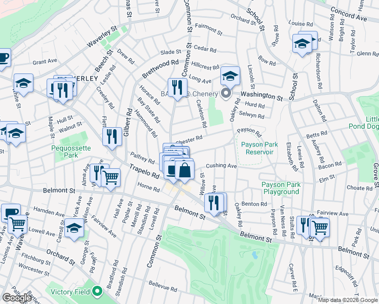 map of restaurants, bars, coffee shops, grocery stores, and more near 37 Payson Road in Belmont