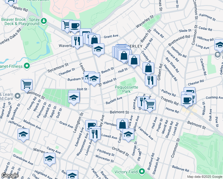 map of restaurants, bars, coffee shops, grocery stores, and more near 47 Chestnut Street in Belmont
