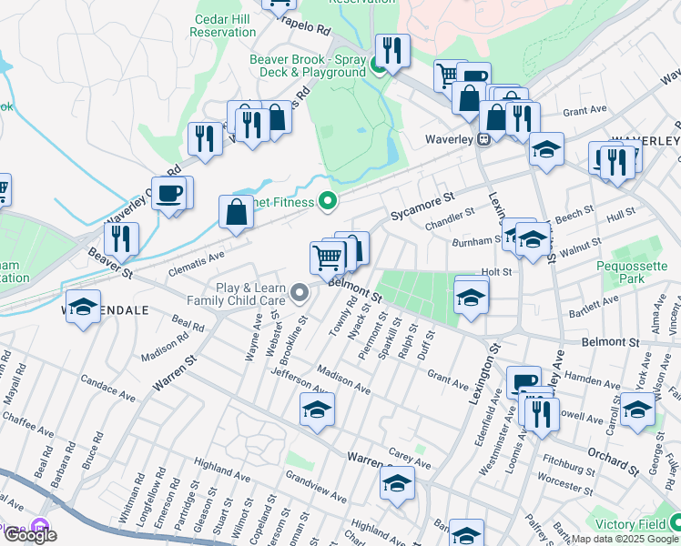 map of restaurants, bars, coffee shops, grocery stores, and more near 1072 Belmont Street in Watertown