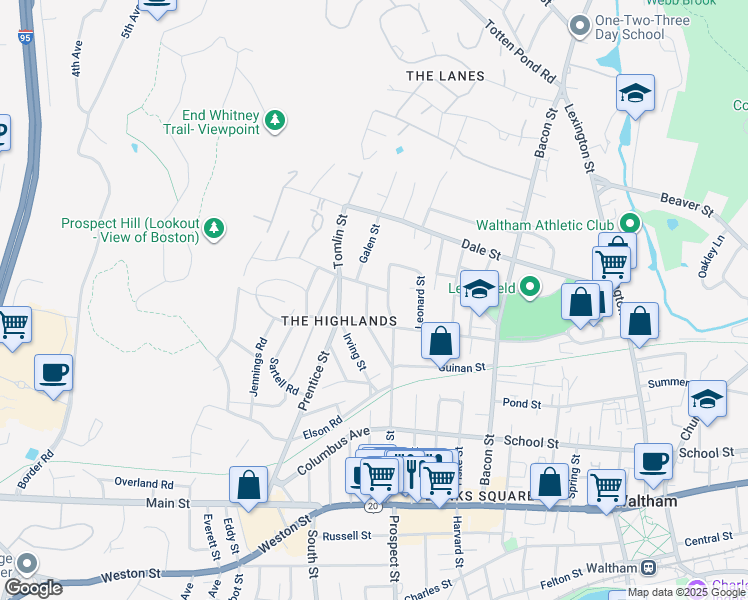 map of restaurants, bars, coffee shops, grocery stores, and more near 168 Hammond Street in Waltham