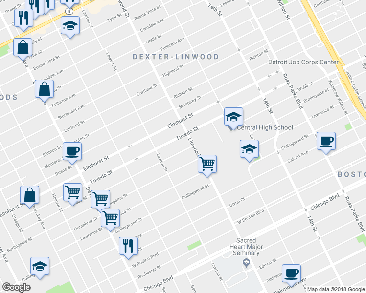map of restaurants, bars, coffee shops, grocery stores, and more near 2674 Webb Street in Detroit