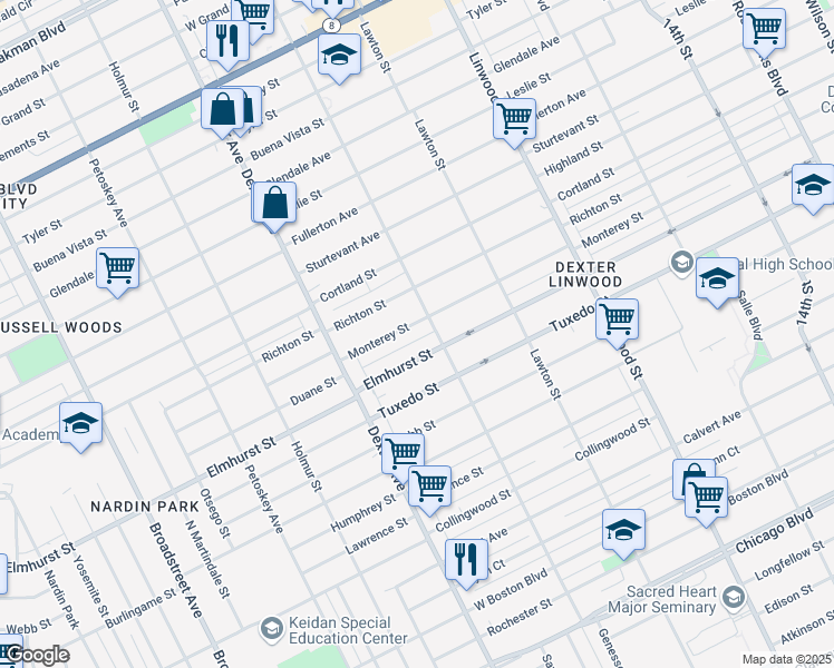 map of restaurants, bars, coffee shops, grocery stores, and more near 3236 Elmhurst Street in Detroit
