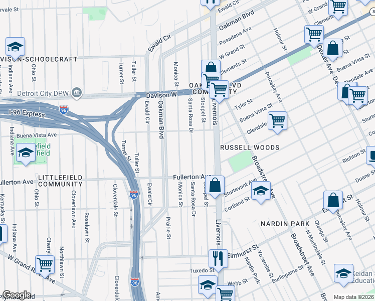 map of restaurants, bars, coffee shops, grocery stores, and more near 12695 Santa Rosa Drive in Detroit