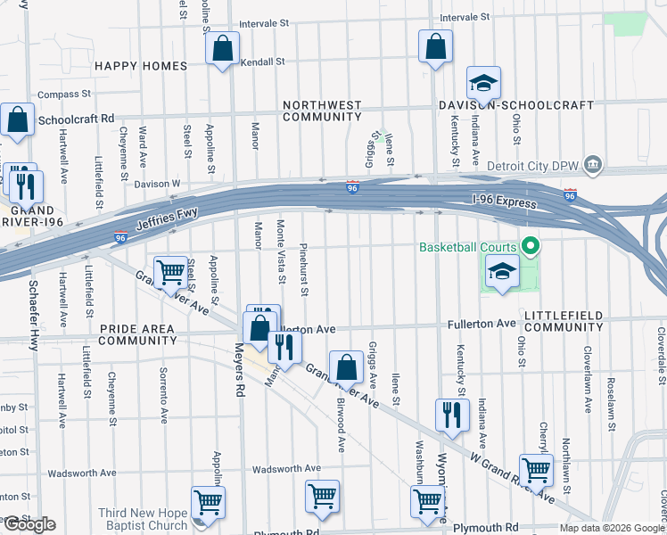 map of restaurants, bars, coffee shops, grocery stores, and more near 12731 Mendota Street in Detroit