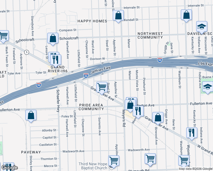 map of restaurants, bars, coffee shops, grocery stores, and more near 12858 Steel Street in Detroit