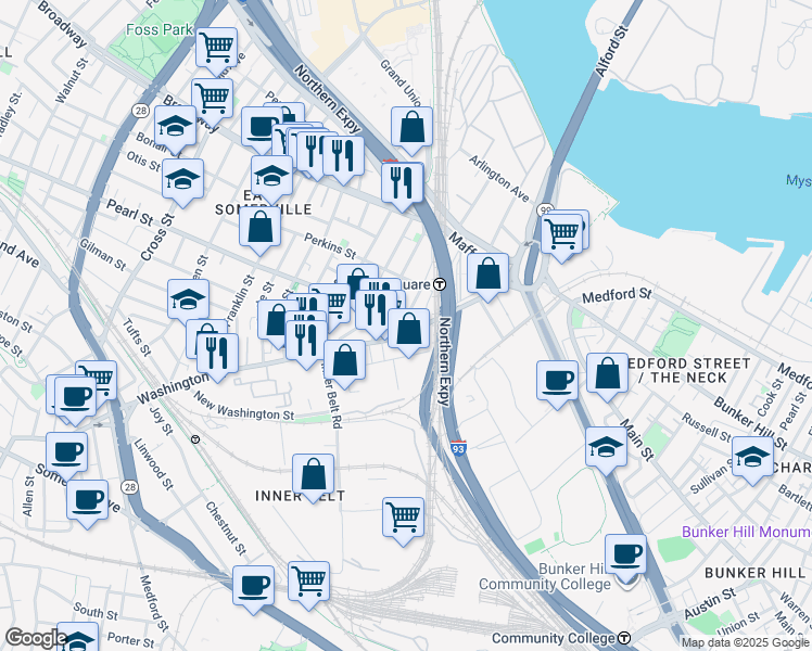 map of restaurants, bars, coffee shops, grocery stores, and more near 99-103 Cambridge Street in Boston