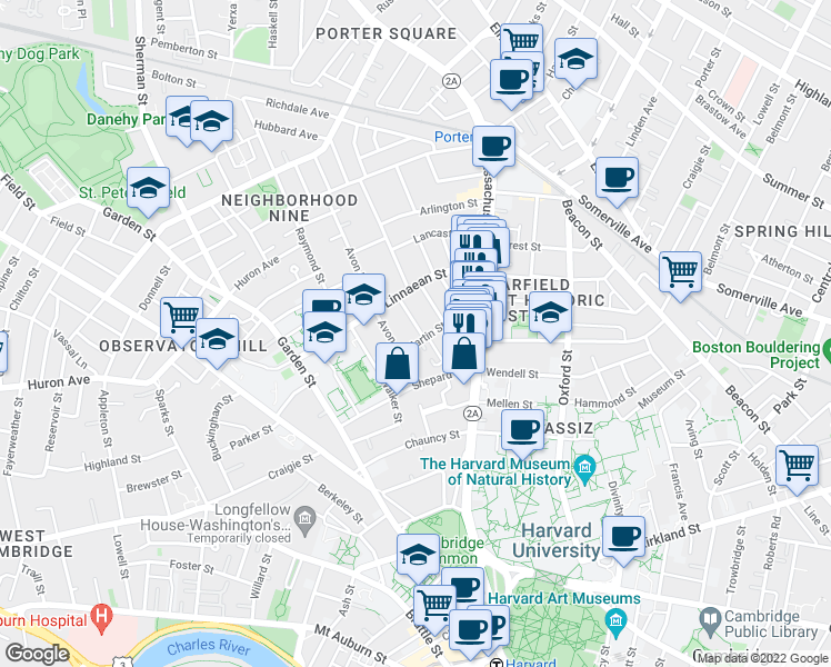 map of restaurants, bars, coffee shops, grocery stores, and more near in Cambridge