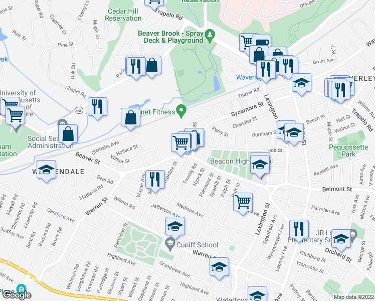 map of restaurants, bars, coffee shops, grocery stores, and more near 9 Circuit Lane in Watertown