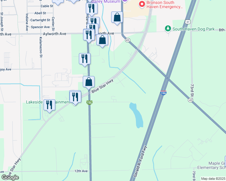 map of restaurants, bars, coffee shops, grocery stores, and more near 9379 Blue Star Memorial Highway in South Haven