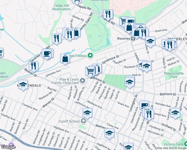 map of restaurants, bars, coffee shops, grocery stores, and more near 1072 Belmont Street in Watertown