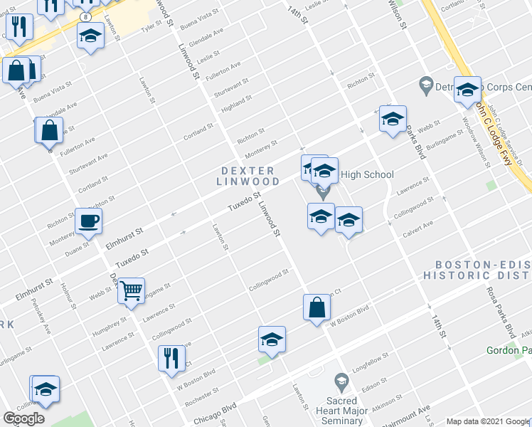 map of restaurants, bars, coffee shops, grocery stores, and more near 1981 Webb Street in Detroit
