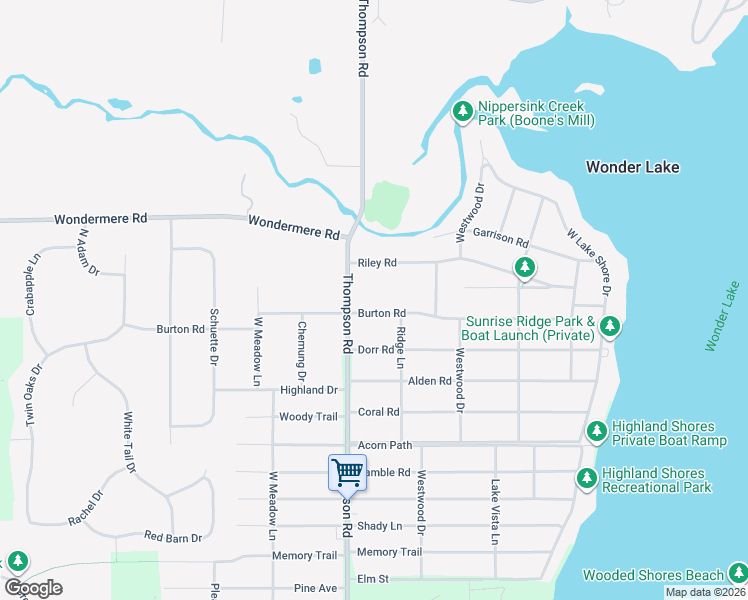 map of restaurants, bars, coffee shops, grocery stores, and more near 8802 Burton Road in Wonder Lake