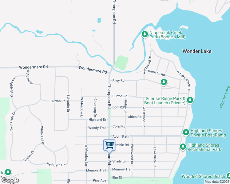 map of restaurants, bars, coffee shops, grocery stores, and more near 8802 Burton Road in Wonder Lake