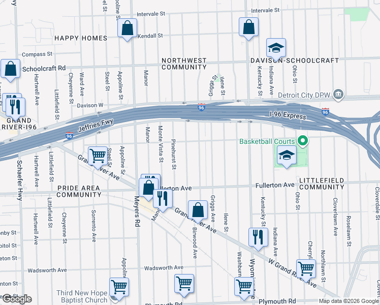 map of restaurants, bars, coffee shops, grocery stores, and more near 12731 Mendota Street in Detroit